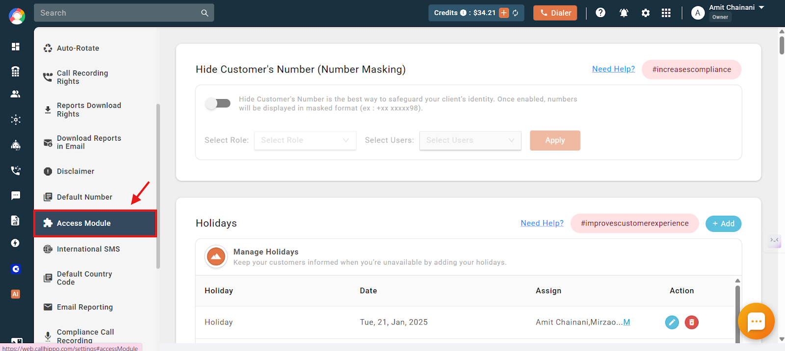 Settings sidebar with the Access Module option highlighted