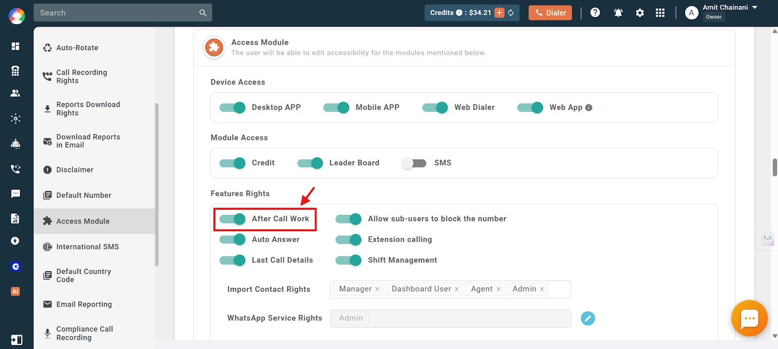 Access Module Features Rights with the After Call Work toggle highlighted to restrict sub-users