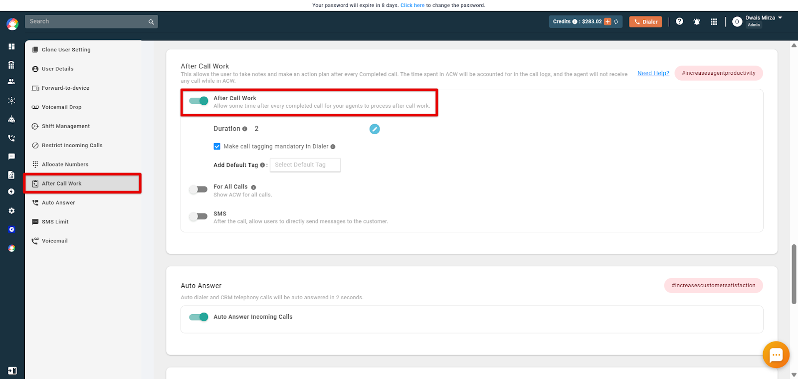 User settings with the After Call Work section and enable toggle highlighted