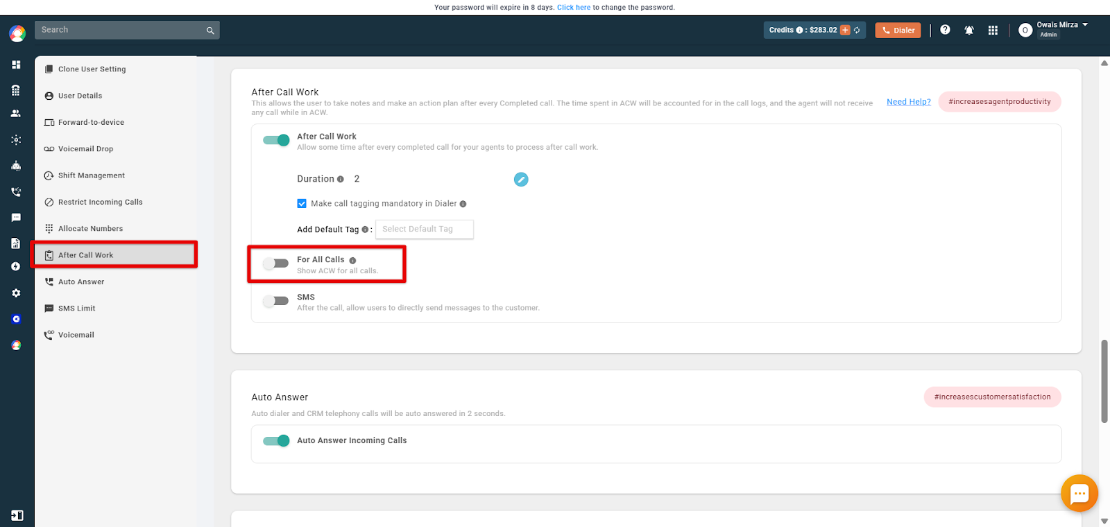 The For All Calls toggle in ACW settings that shows ACW after every call