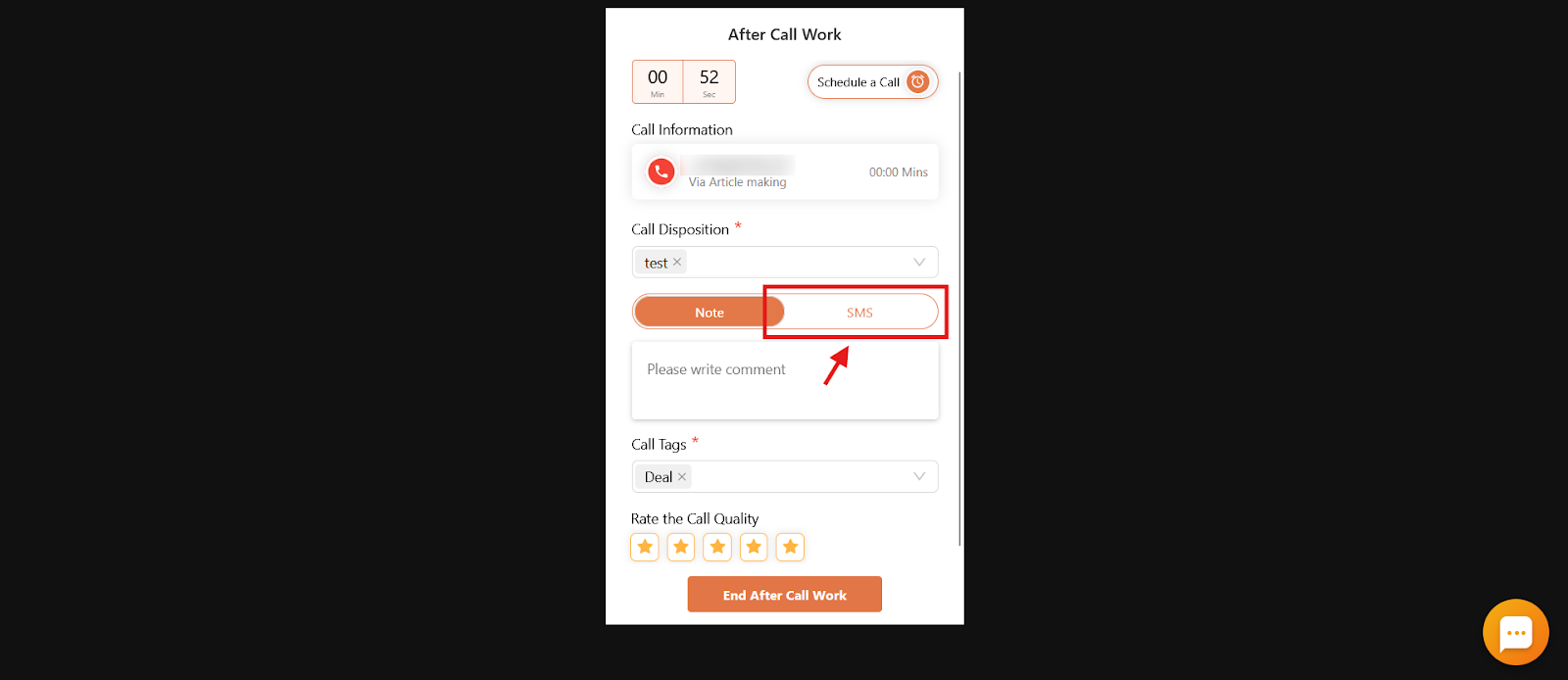 After Call Work screen showing call disposition, Note and SMS tabs, call tags and quality rating