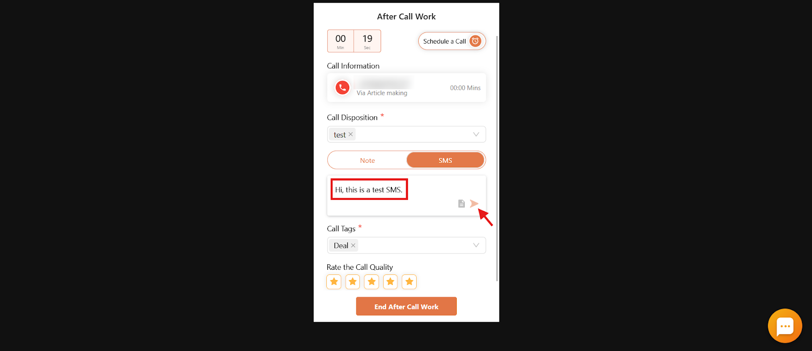 Composing a follow-up SMS on the ACW screen with the send icon highlighted