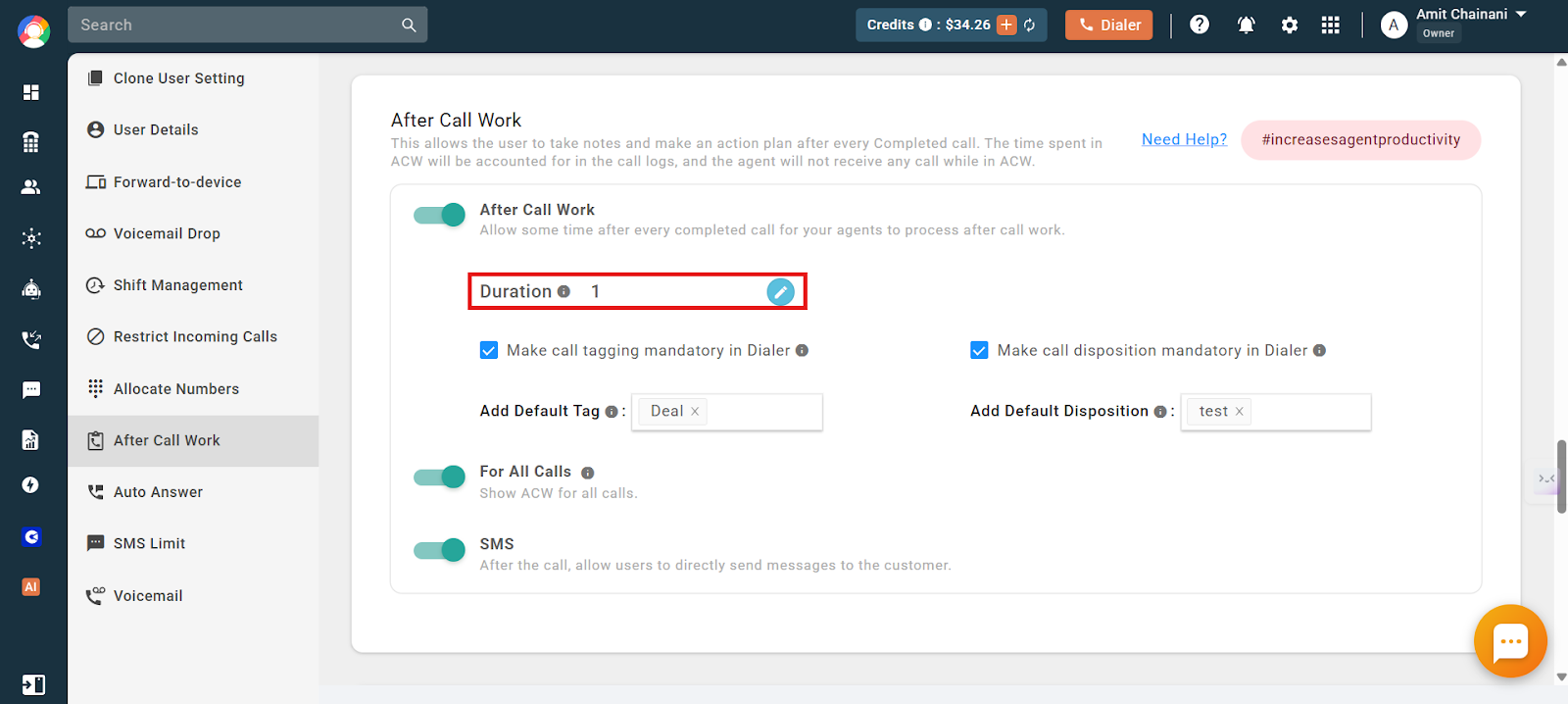 Add Default Tag dropdown open with a list of available call tags