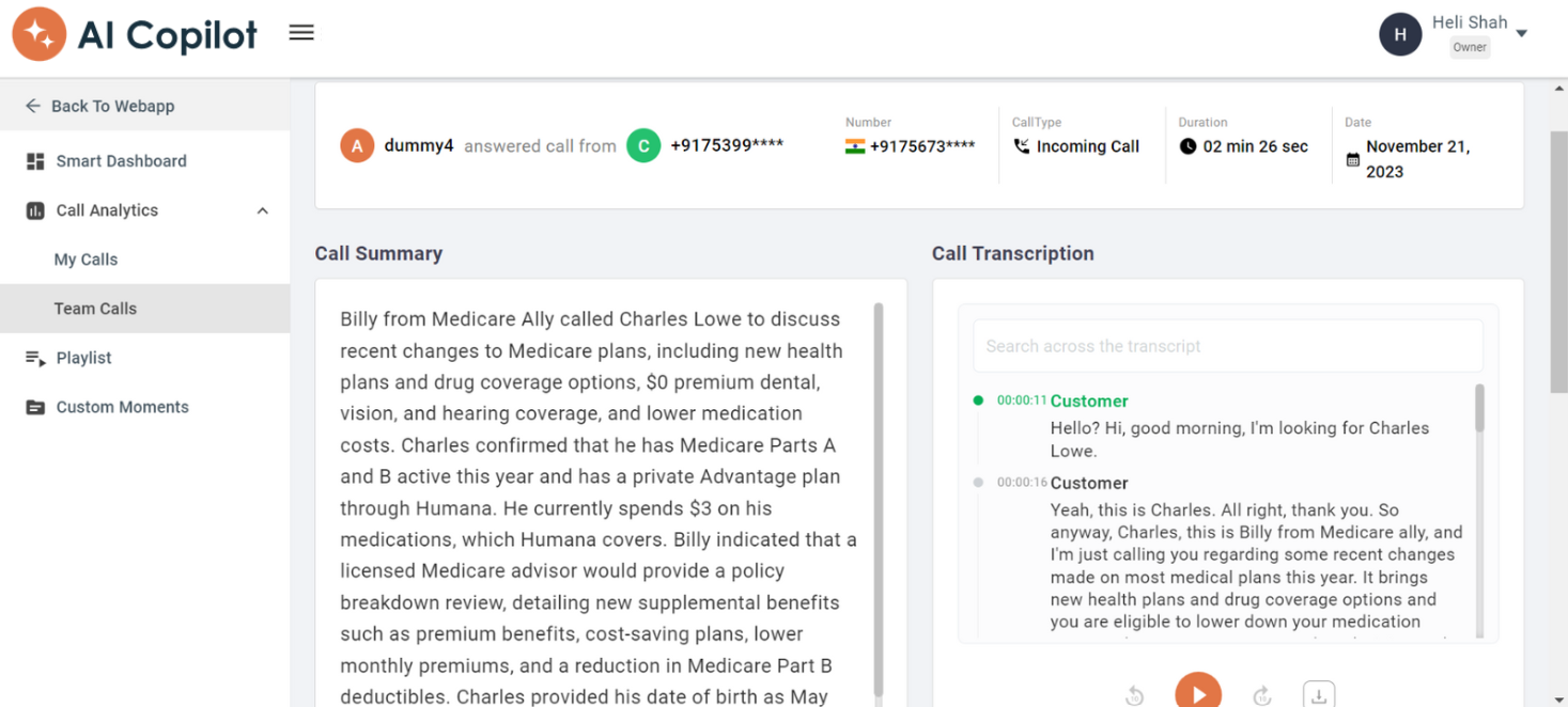 AI Copilot call summary and full call transcription view