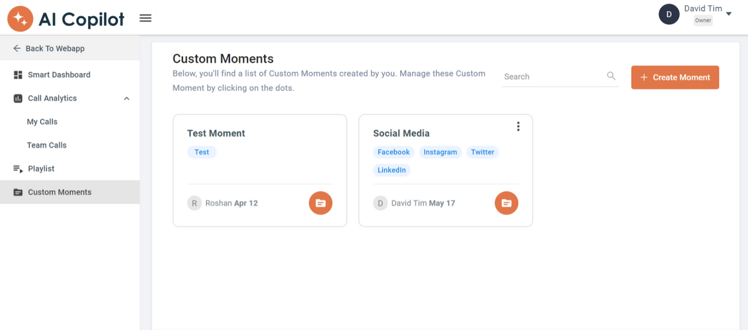 Custom Moments configuration in AI Copilot