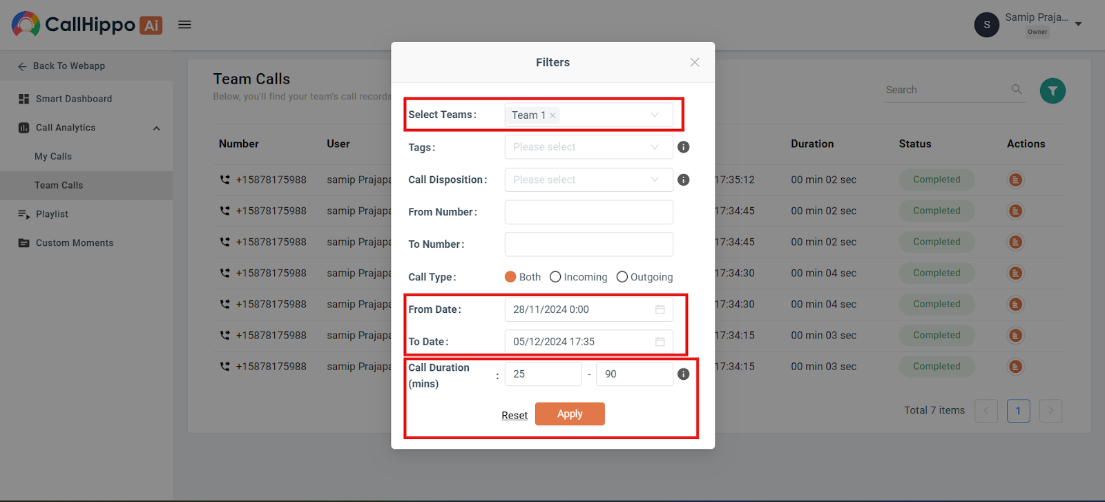 Call duration filter in the AI Copilot Team Calls section