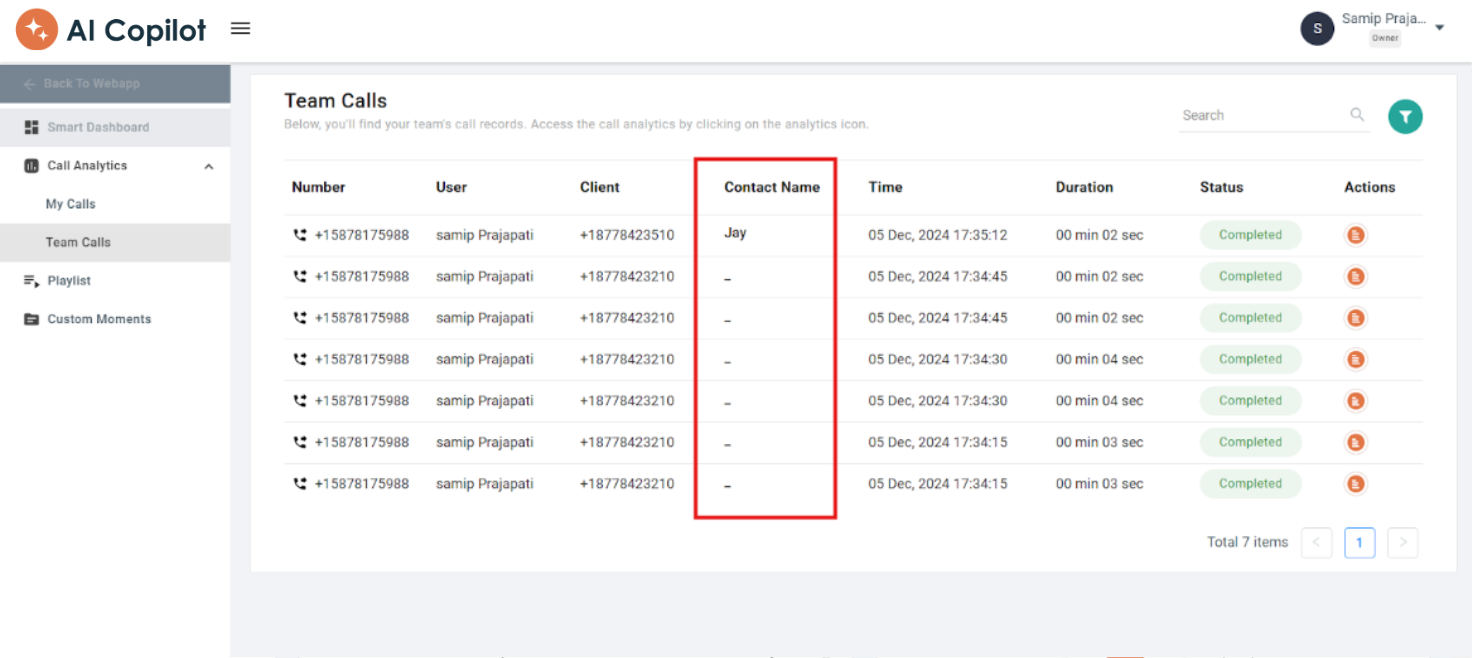 Contact Name column shown beside the Client column in AI Copilot