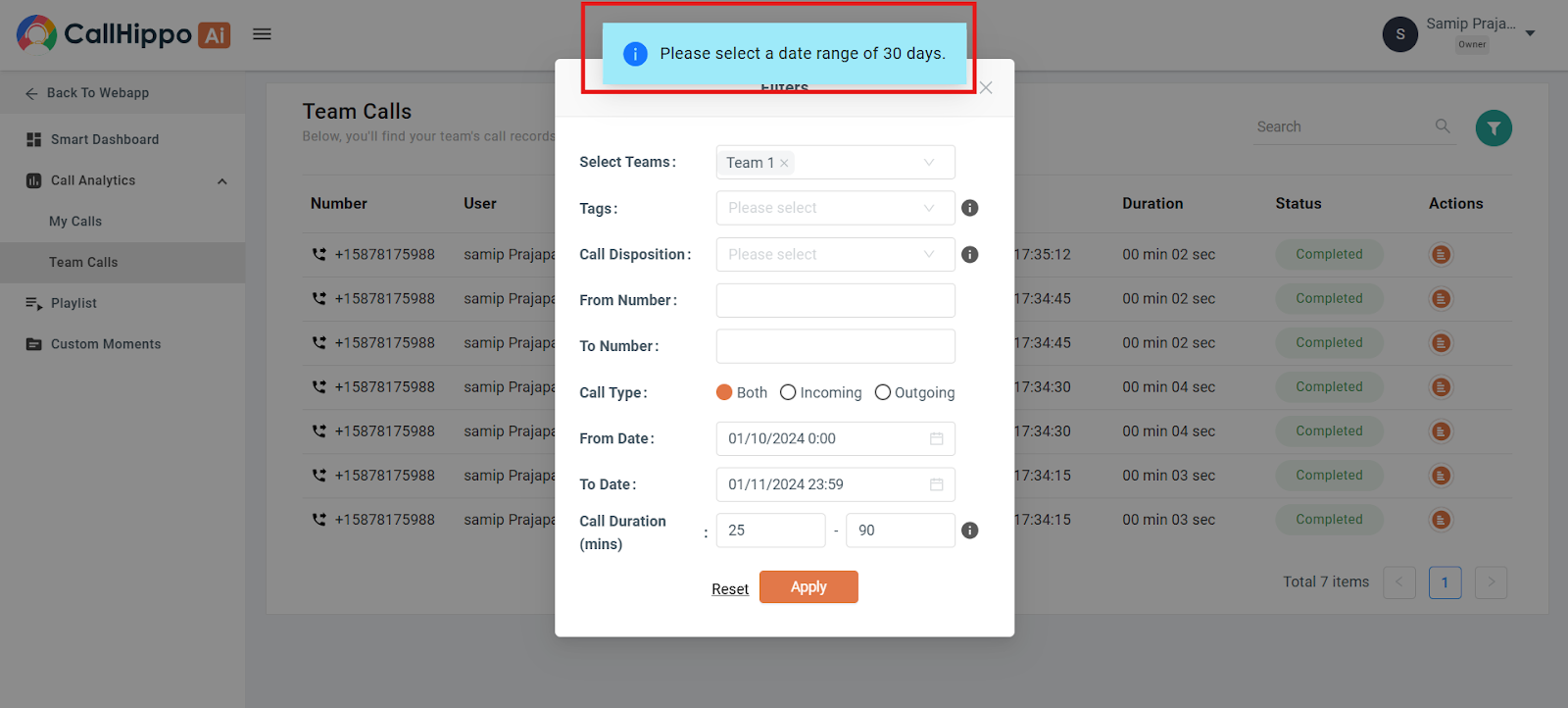 AI Copilot date range selection limited to 30 days with a notification