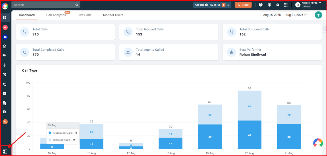 CallHippo dashboard with the expand icon highlighted in the bottom-left corner