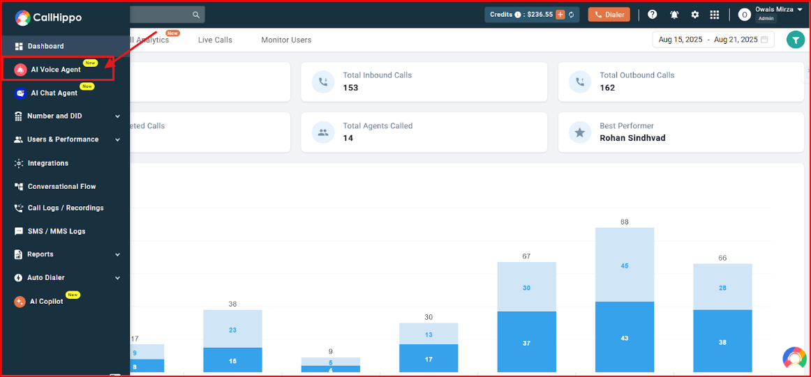 Expanded CallHippo side menu with AI Voice Agent highlighted