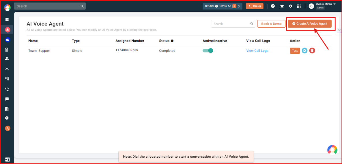 AI Voice Agent list page with the Create AI Voice Agent button highlighted top-right