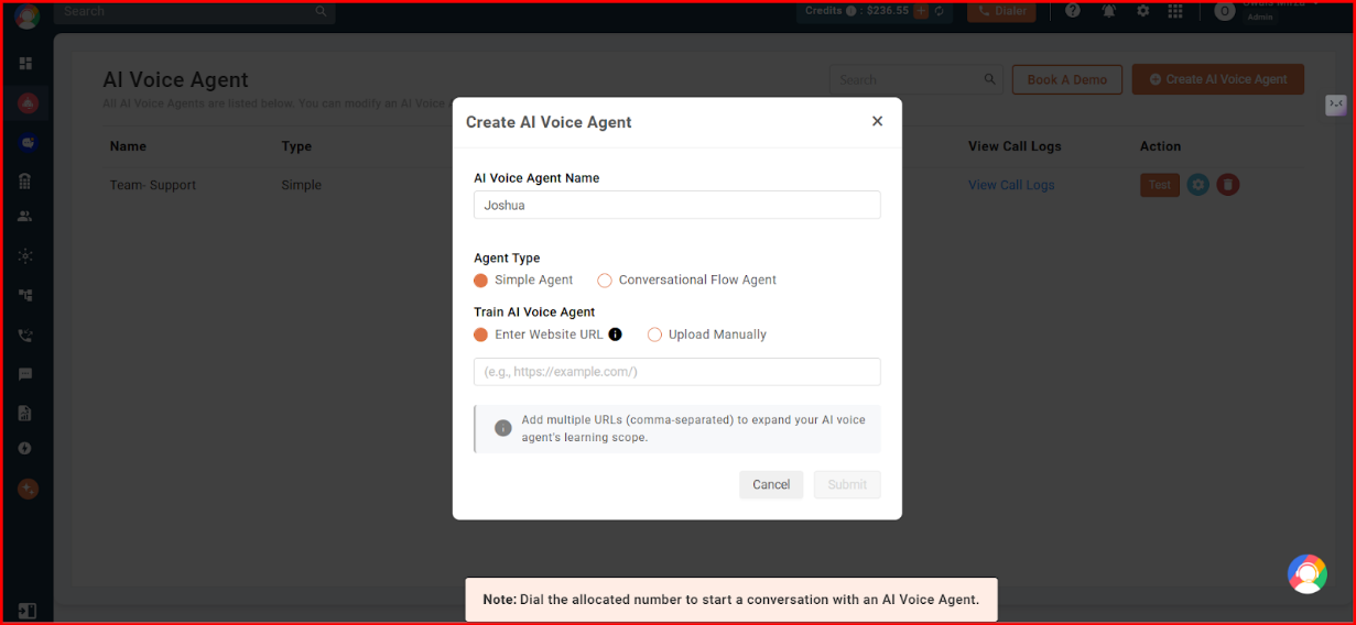 Simple Agent setup with Enter Website URL option selected