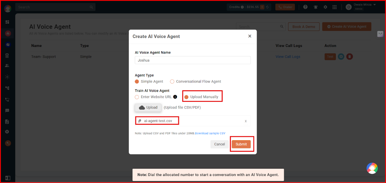 Simple Agent setup with Upload Manually option and a CSV file attached