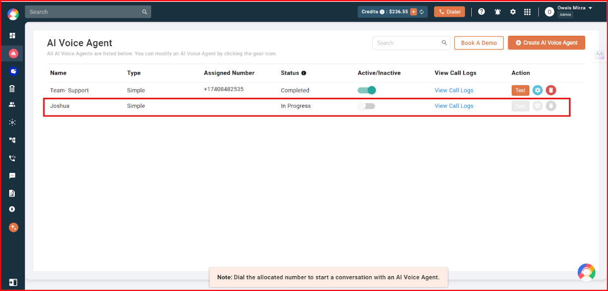 AI Voice Agent list showing a newly created Simple Agent with In Progress status