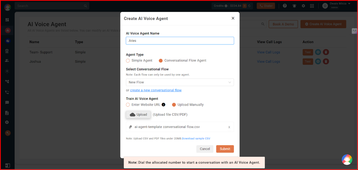 Create AI Voice Agent popup with Conversational Flow Agent selected and a flow chosen