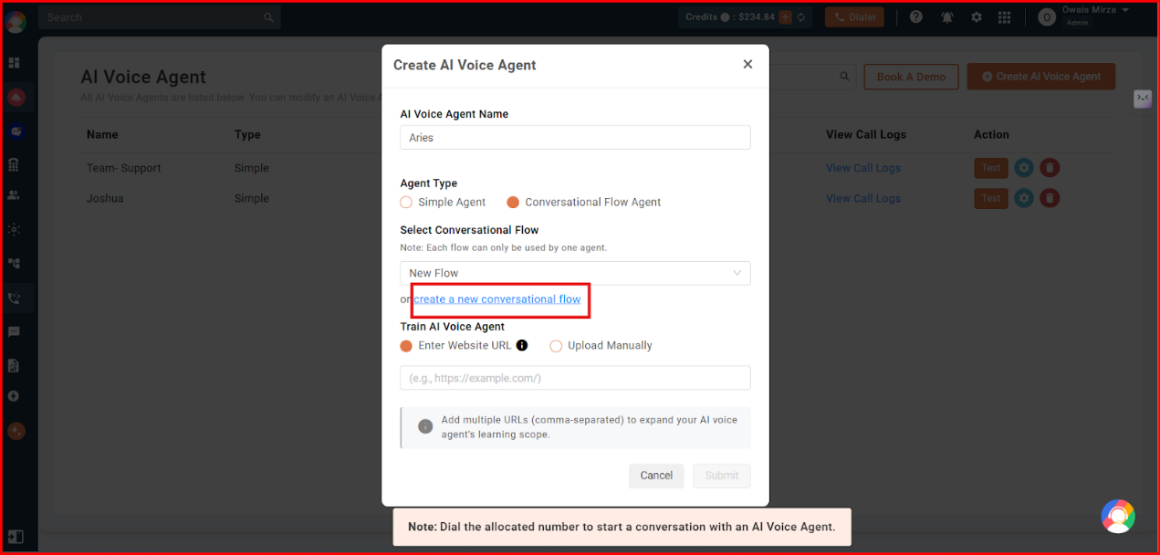 Conversational Flow Agent setup with the create a new conversational flow link highlighted