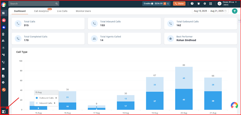 CallHippo dashboard with the expand icon highlighted in the sidebar