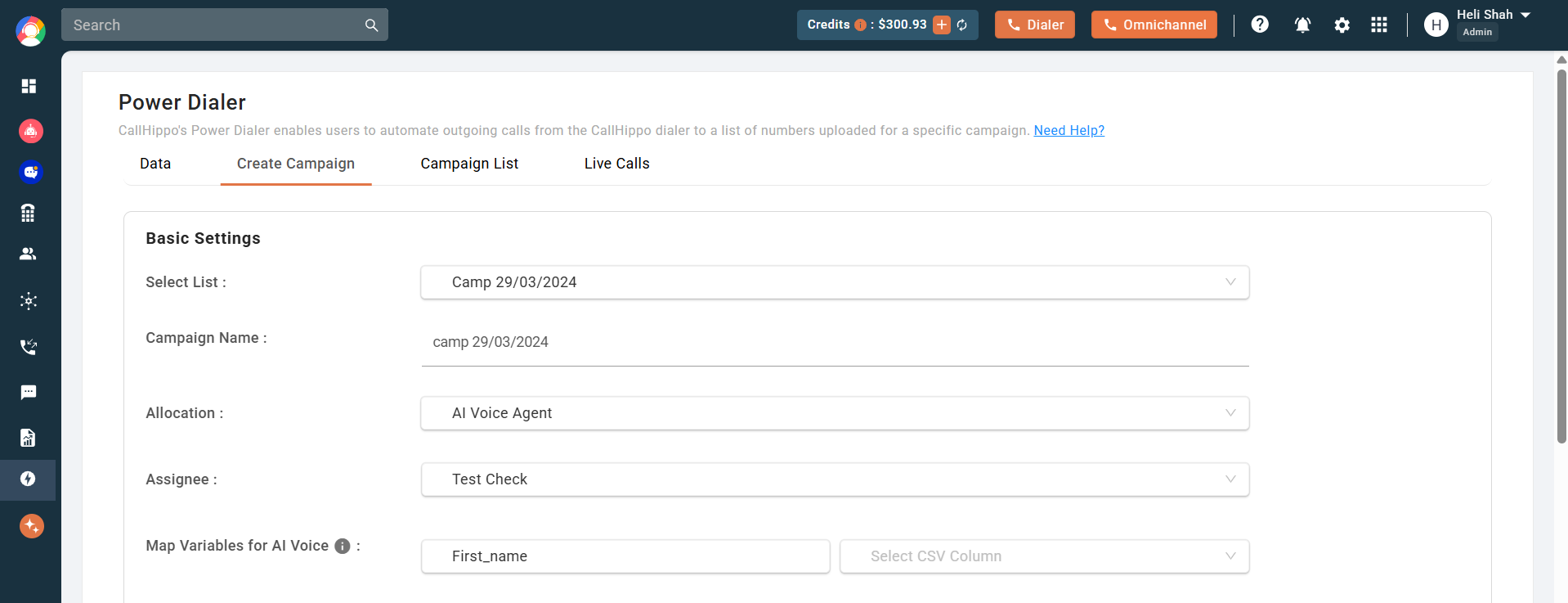 Power Dialer campaign setup mapping AI Voice variables to CSV columns