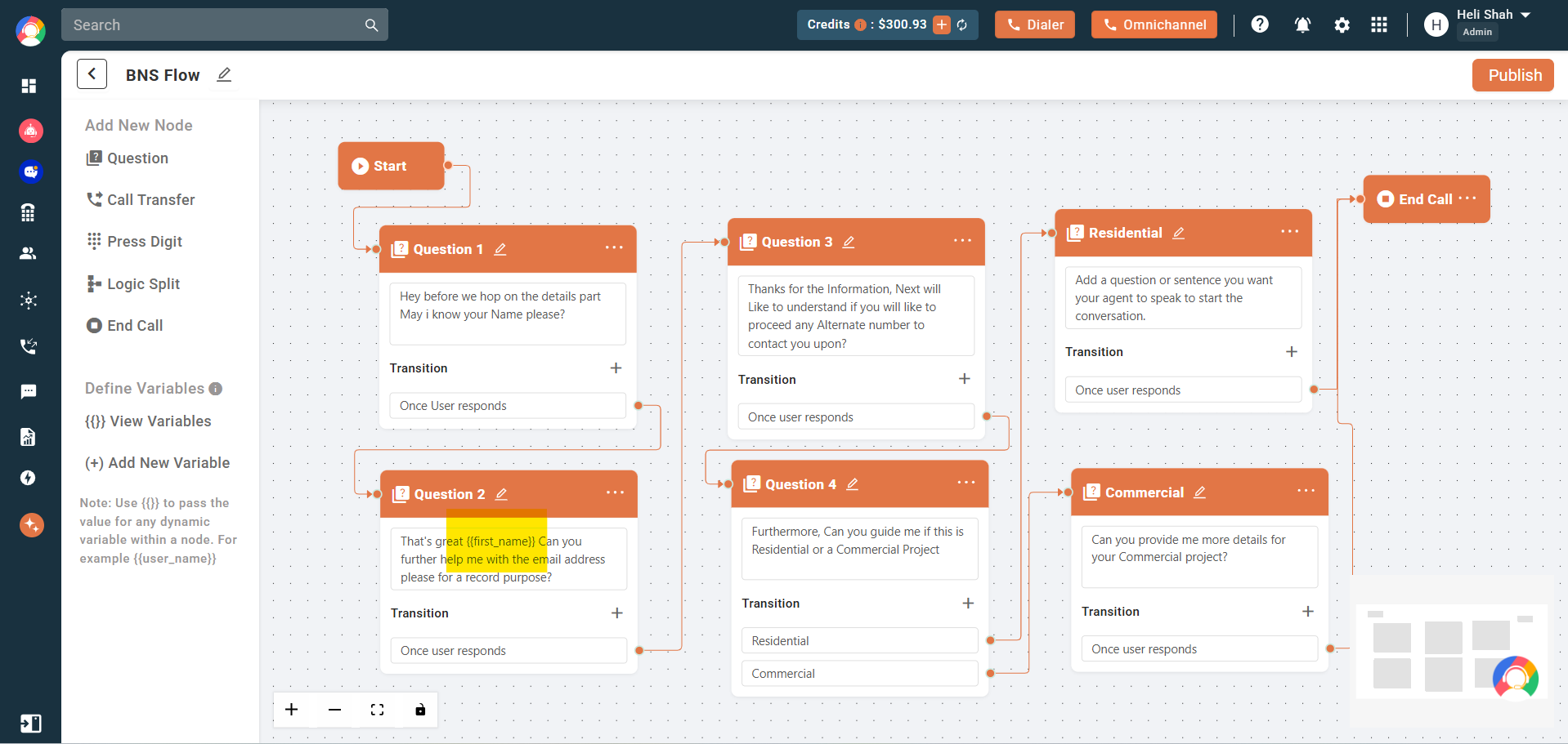 AI Voice flow builder showing a variable inserted with double curly brackets