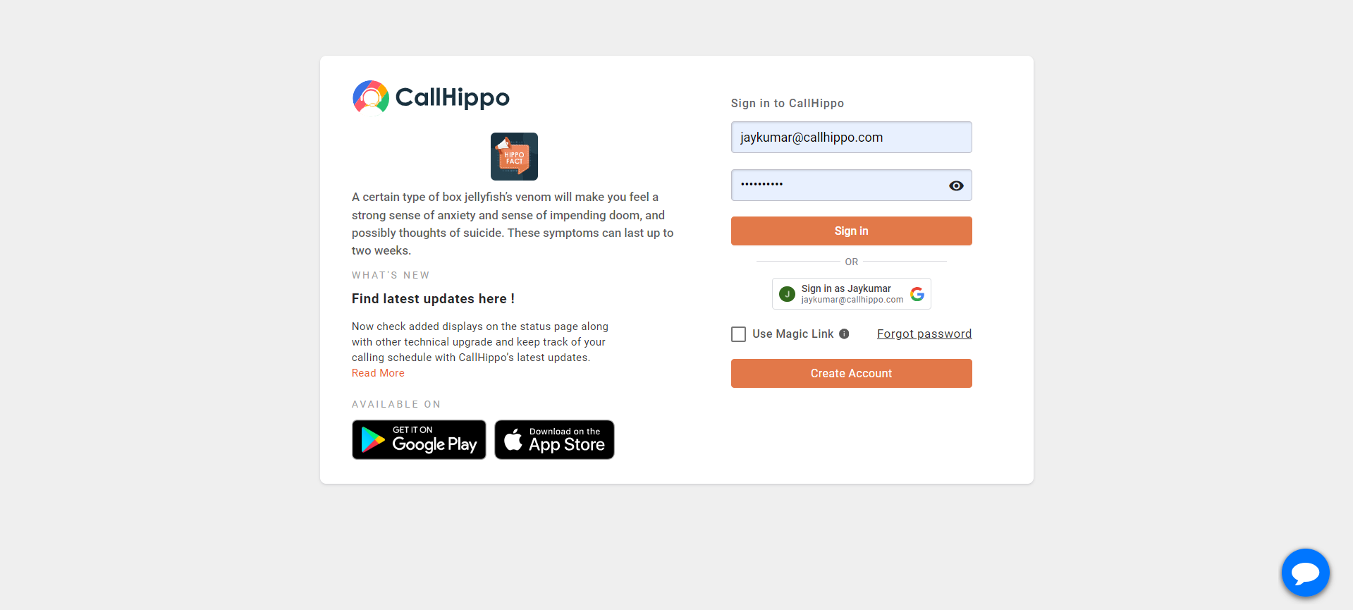 CallHippo sign-in page with email and password fields