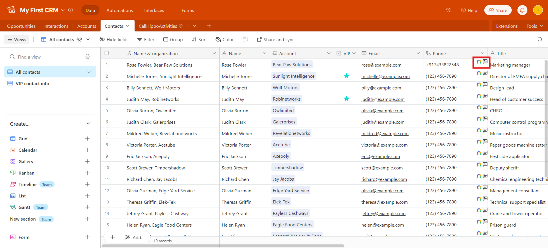 Airtable Contacts table with CallHippo click-to-call icons beside a phone number