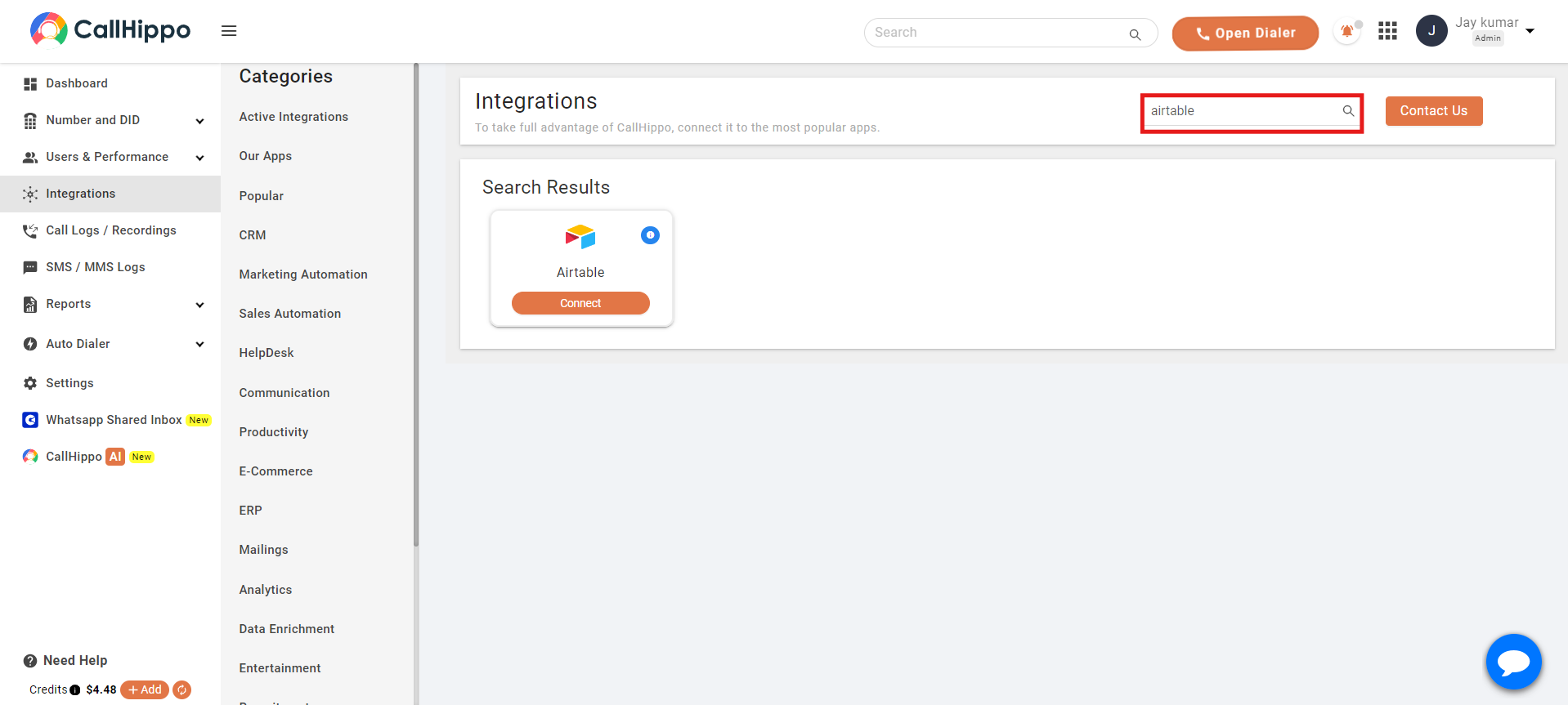 CallHippo Integrations search showing the Airtable Connect button