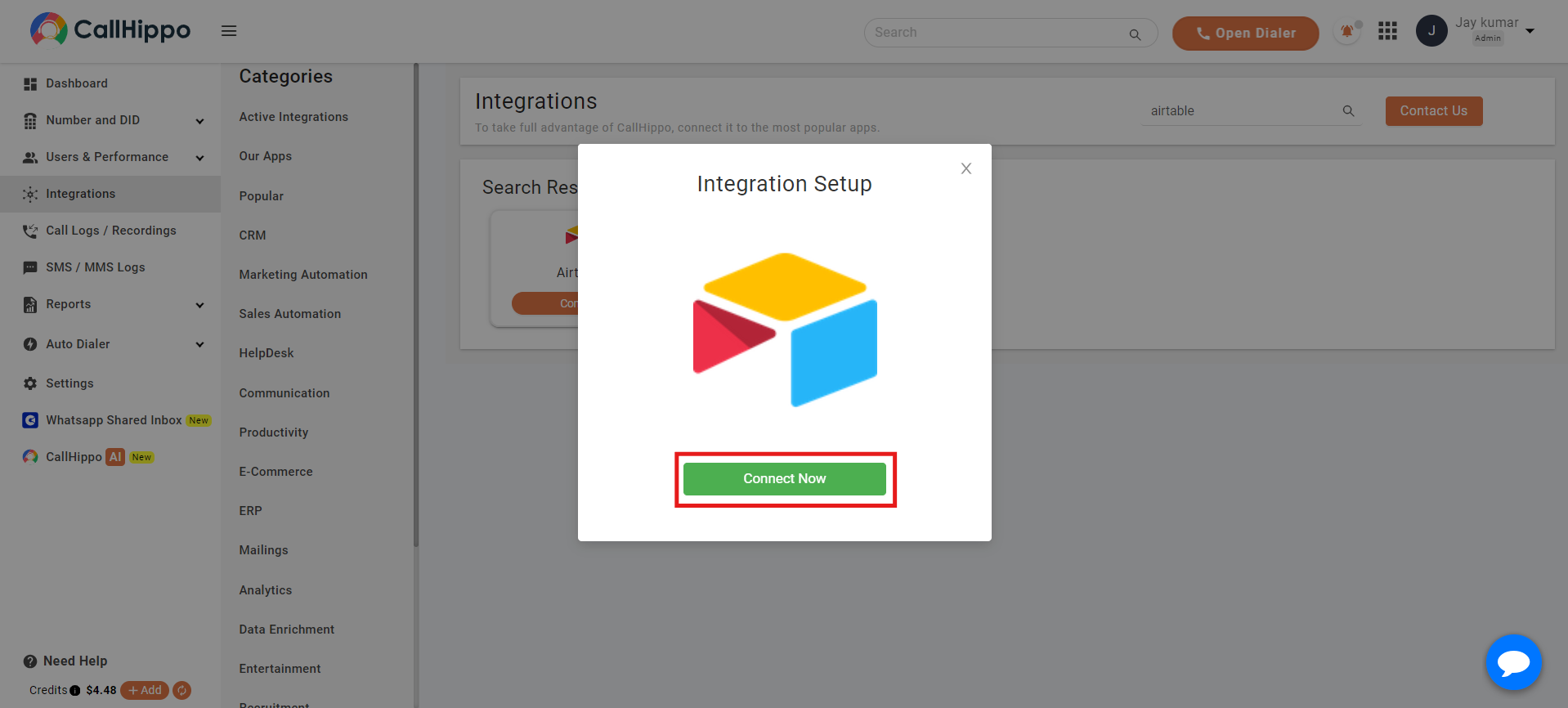 Integration Setup popup with Connect Now button for Airtable