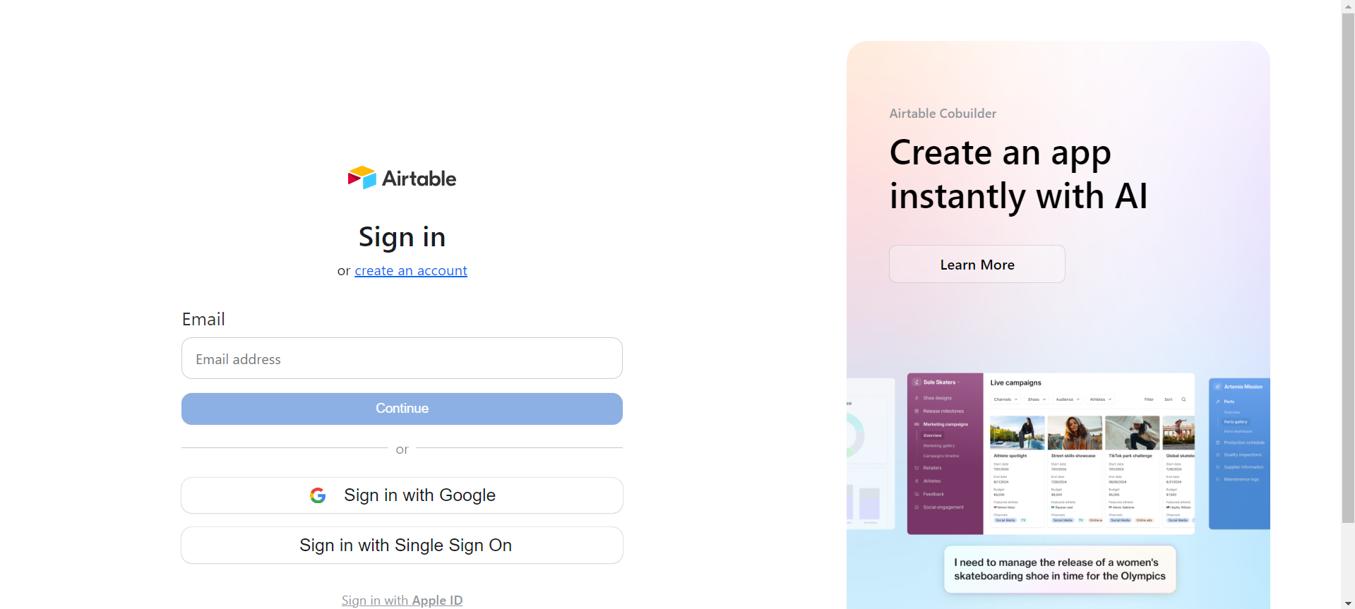 Airtable sign-in page with email field