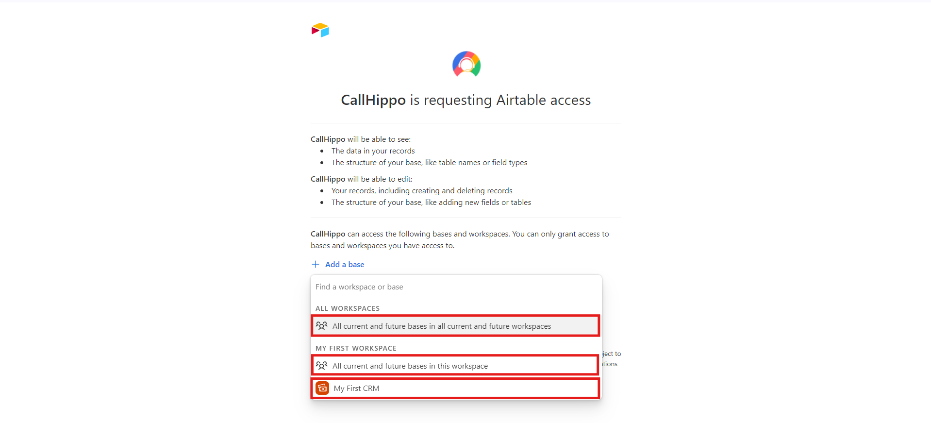 Airtable access screen showing three base access options for CallHippo