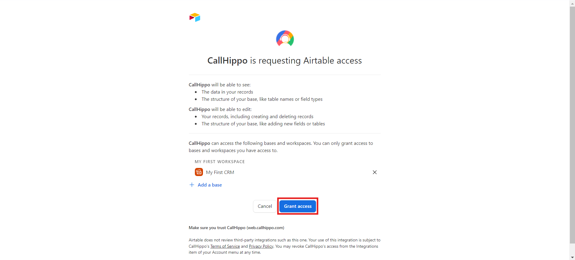 Airtable access screen with base selected and Grant access button highlighted
