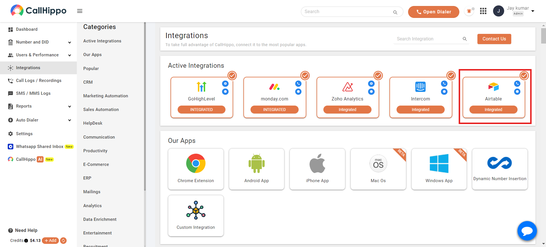 CallHippo Active Integrations grid with Airtable marked Integrated