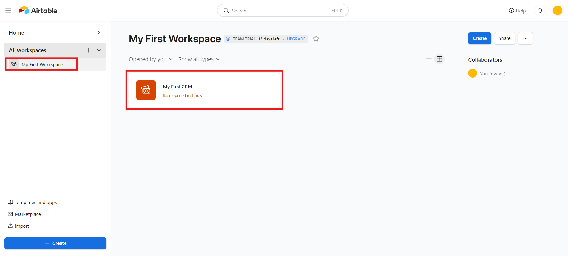 Airtable My First Workspace with the My First CRM base