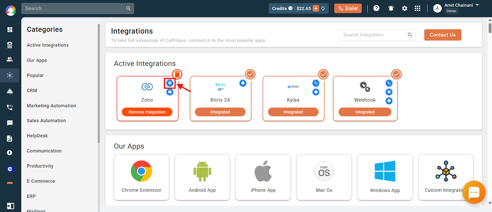 Active Integrations page with the settings gear icon on an integration card highlighted