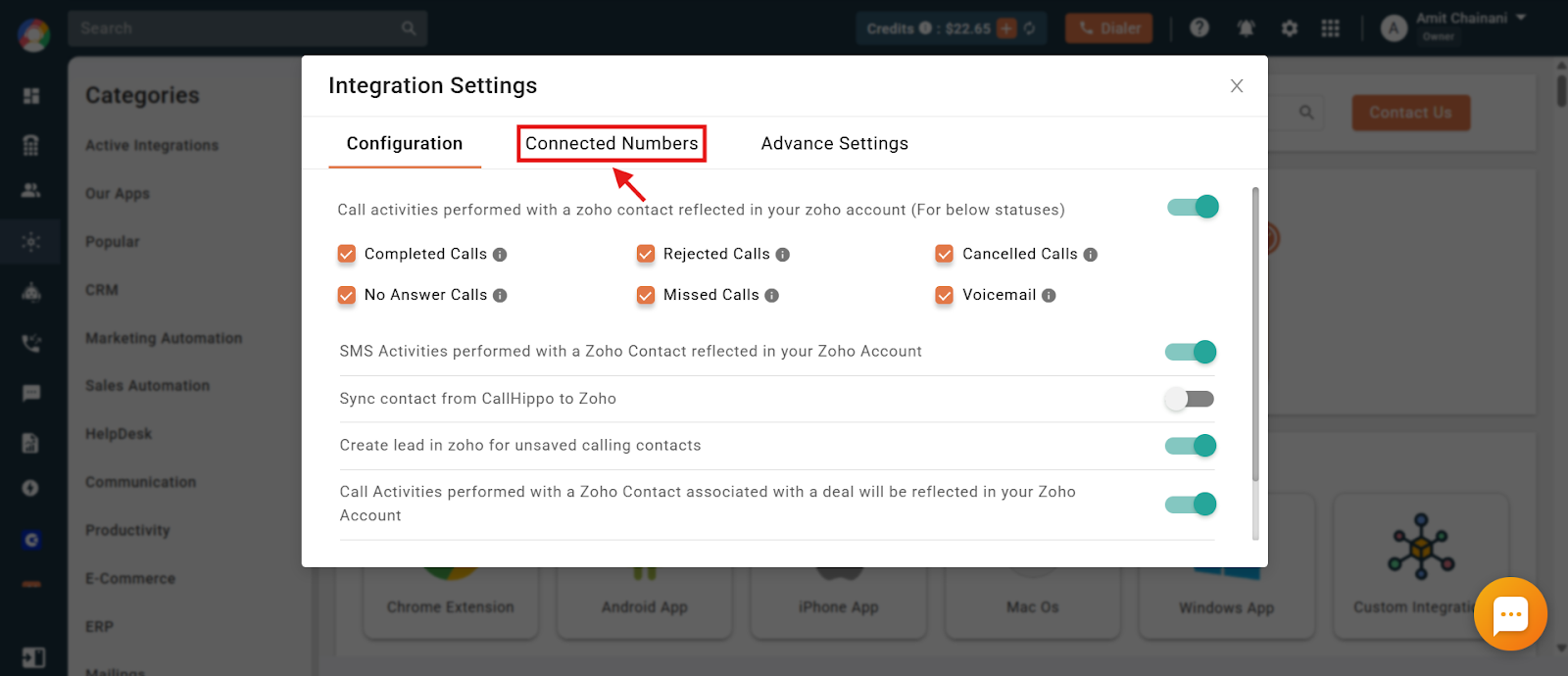 Integration Settings popup with the Connected Numbers tab highlighted