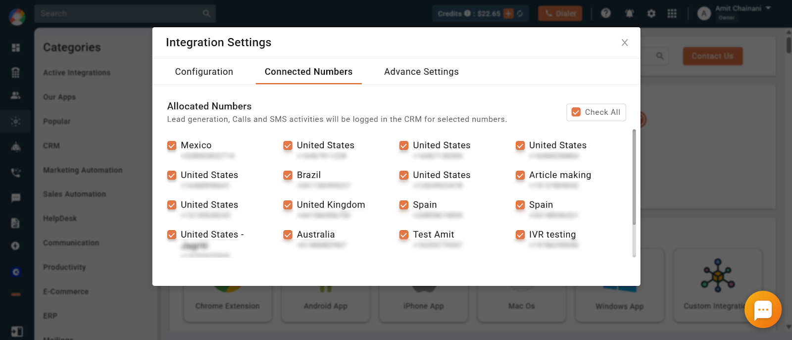 Allocated Numbers list with checkboxes to allocate or deallocate numbers for the integration