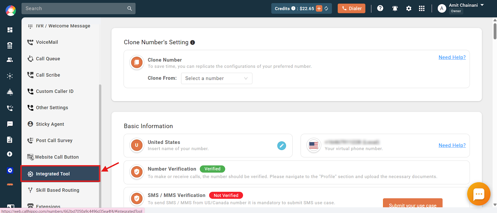 Number settings sidebar with the Integrated Tool option highlighted