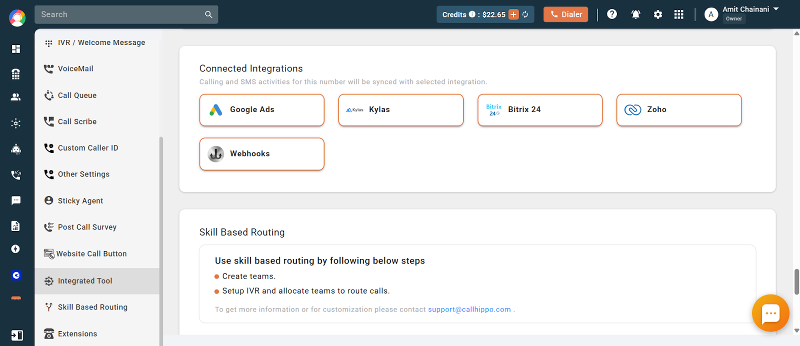 Connected Integrations panel showing integrations that can be allocated or deallocated for the number