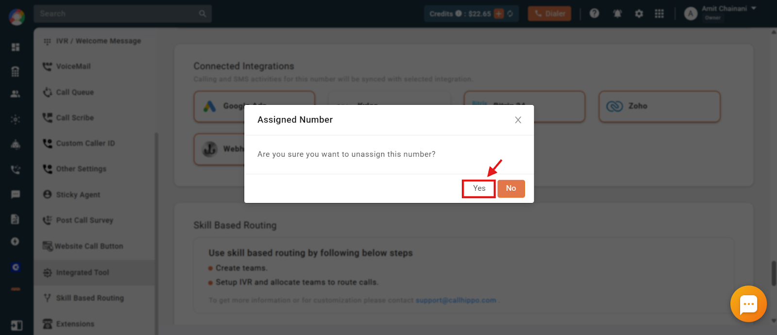 Assigned Number confirmation popup with the Yes button highlighted to finalize the change