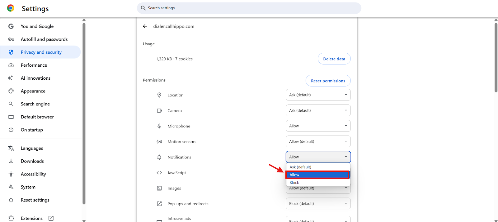 Chrome Notifications dropdown with Allow selected