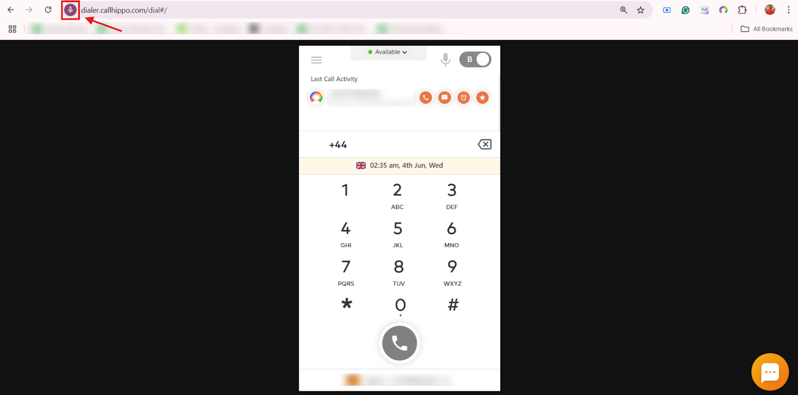 Chrome address bar with the lock icon highlighted next to the CallHippo URL