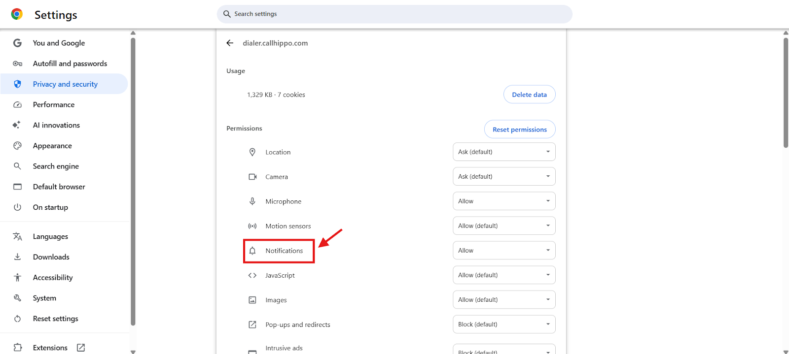 Chrome site settings page with the Notifications permission highlighted