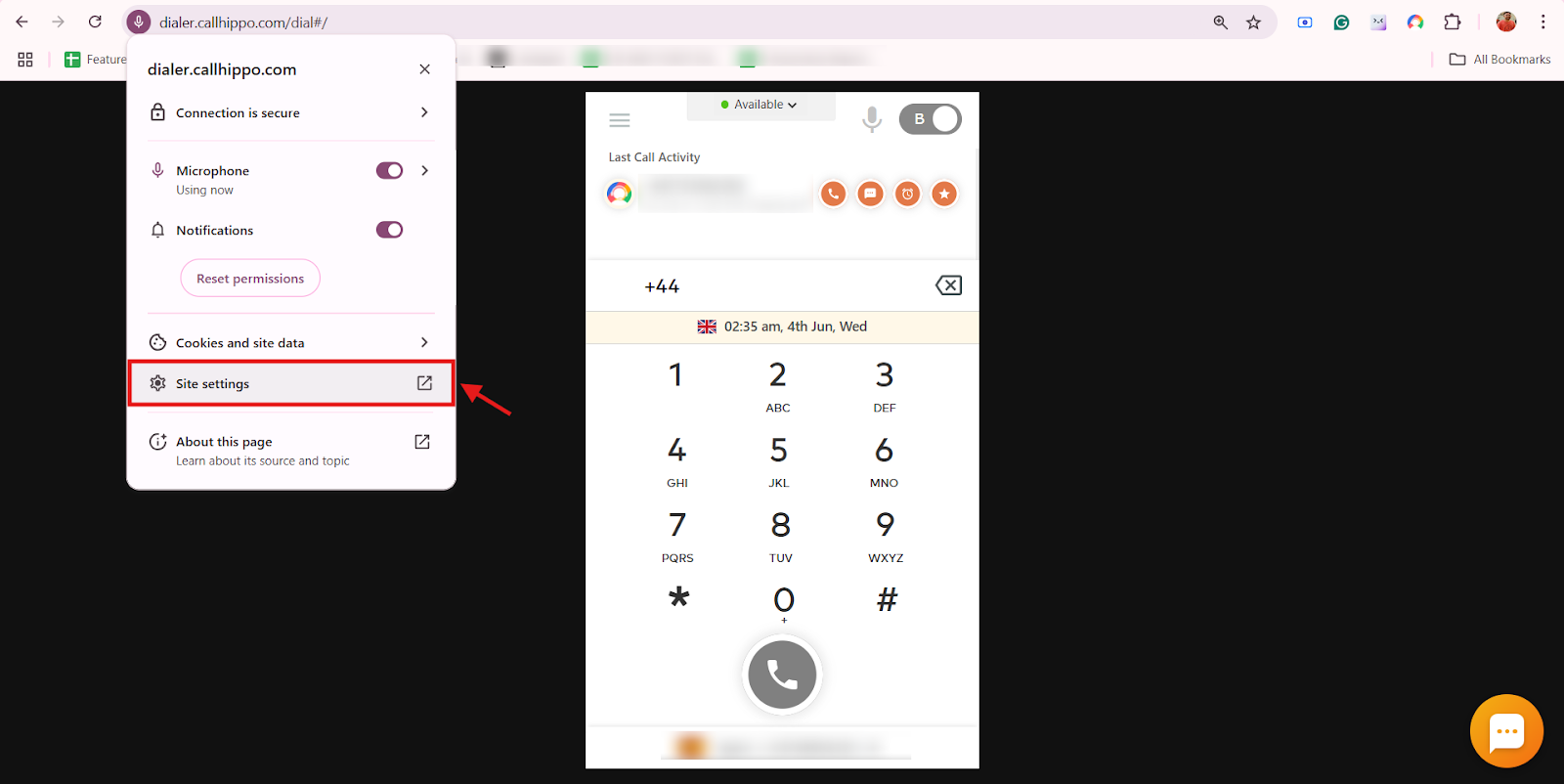 Chrome site permissions dropdown with Site settings highlighted