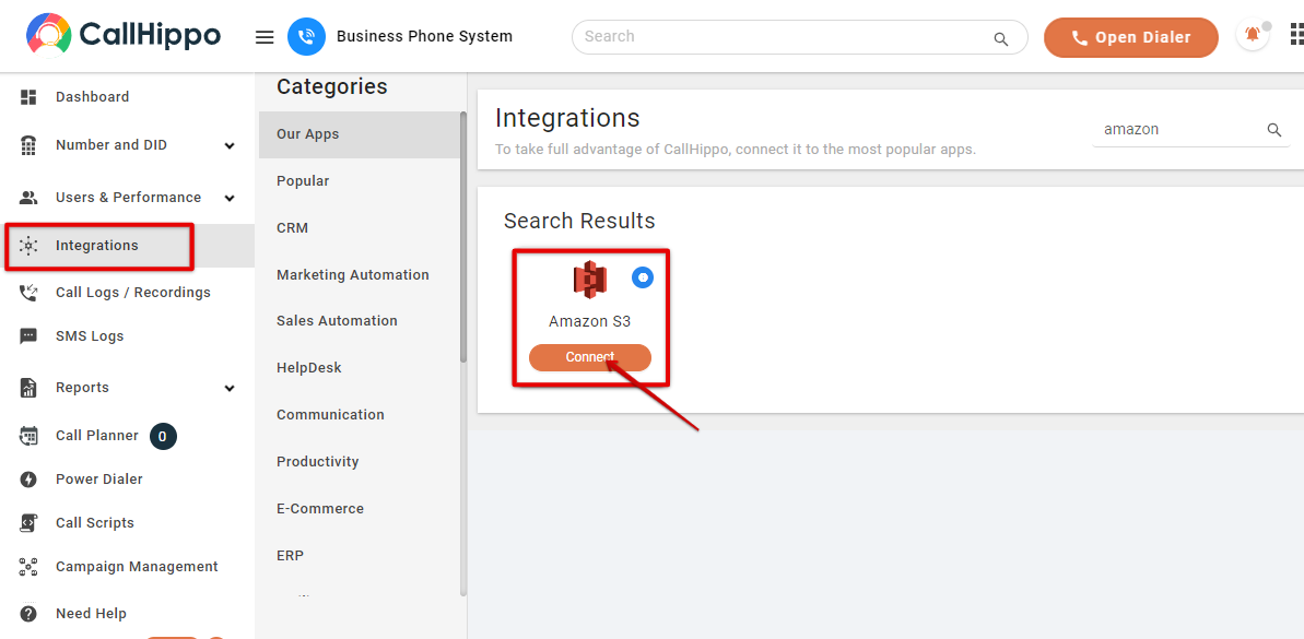 CallHippo Integrations page with Amazon S3 search result and Connect button