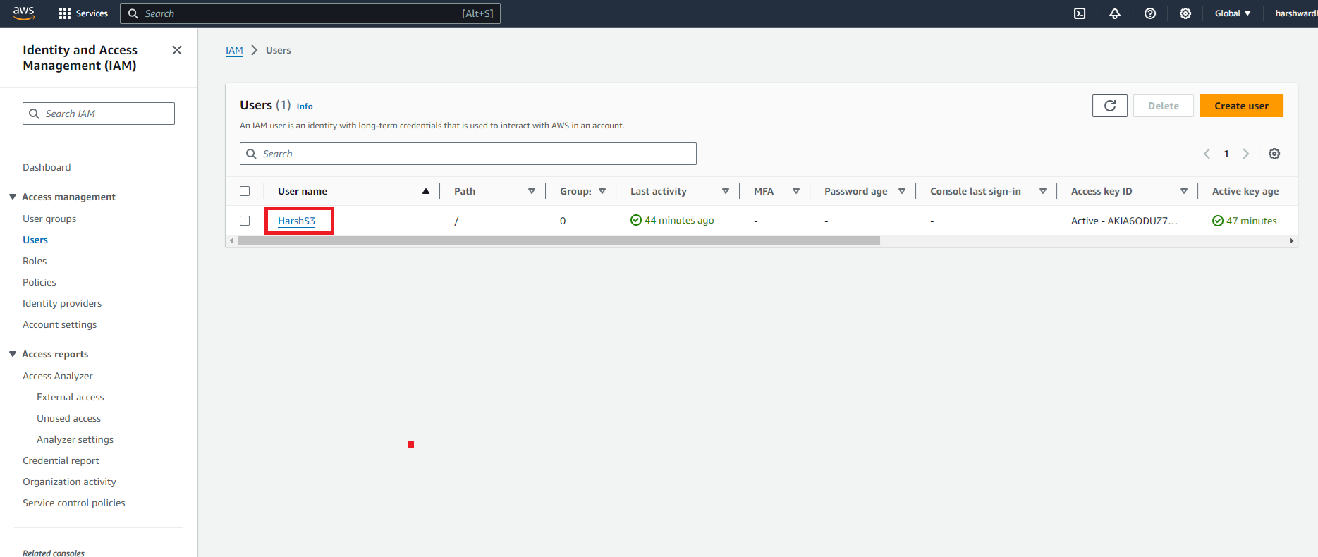 AWS IAM Users list with a user name selected