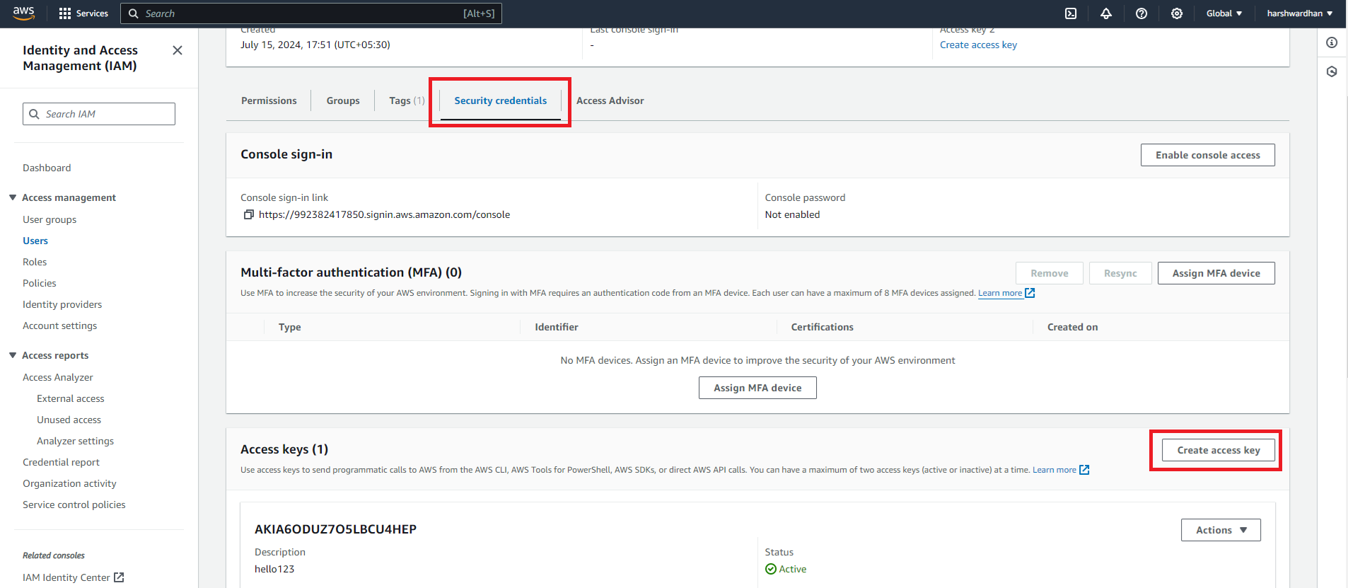 AWS IAM user Security credentials tab with the Create access key button highlighted