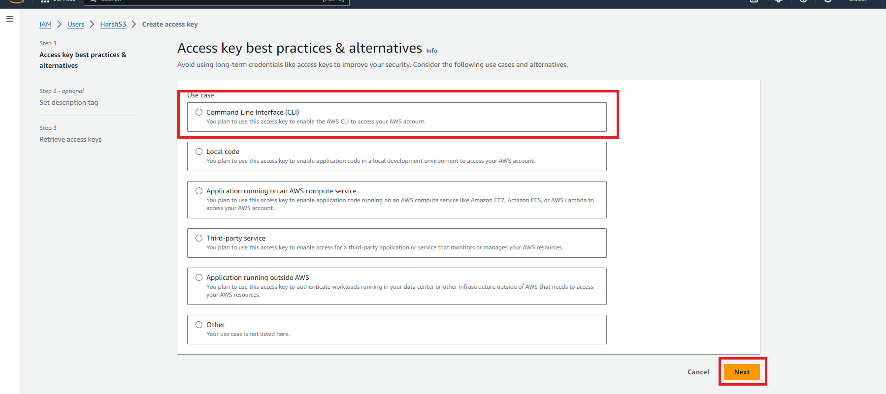 AWS create access key wizard with Command Line Interface (CLI) selected and Next highlighted