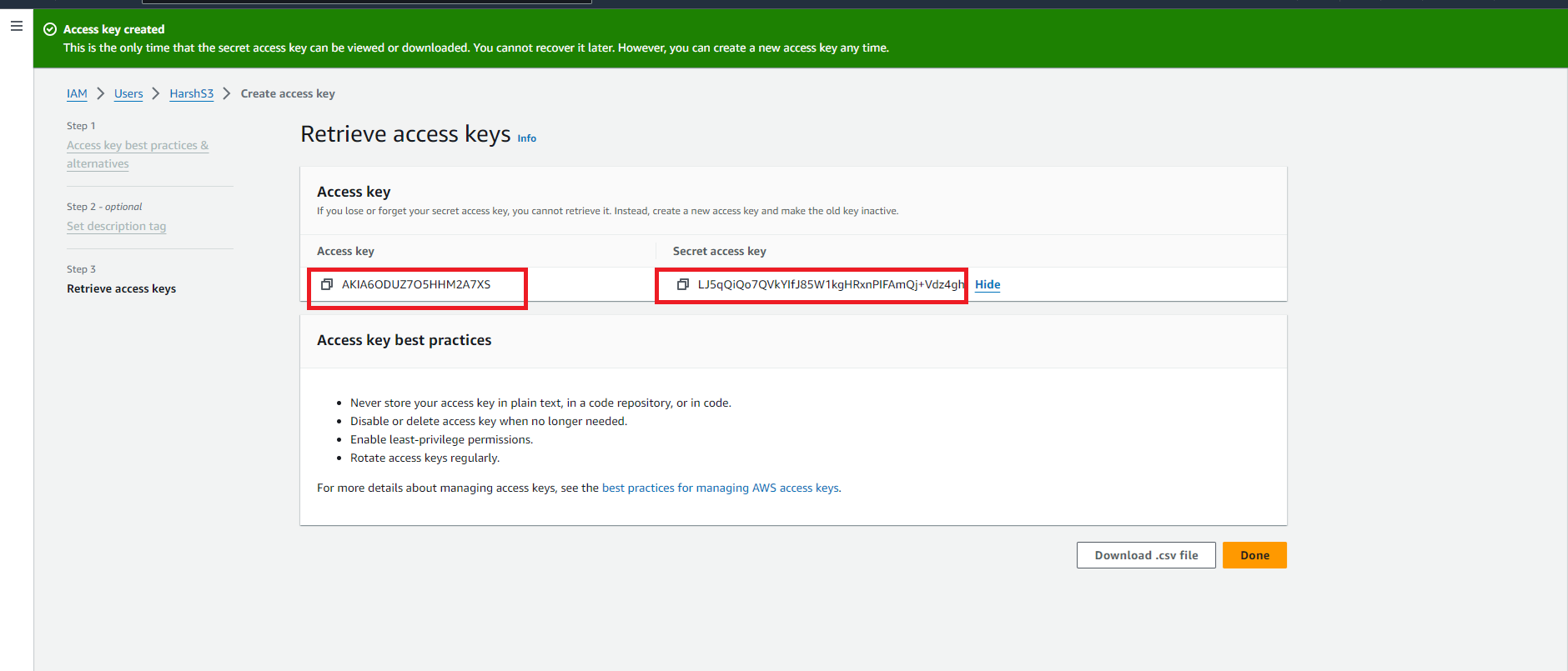 AWS Retrieve access keys screen showing the access key and secret access key