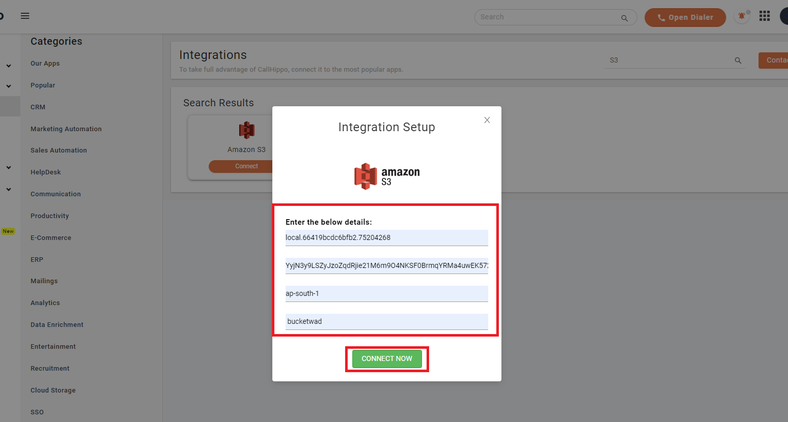 CallHippo Amazon S3 setup pop-up filled with access key, secret key, region and bucket name, with Connect Now highlighted