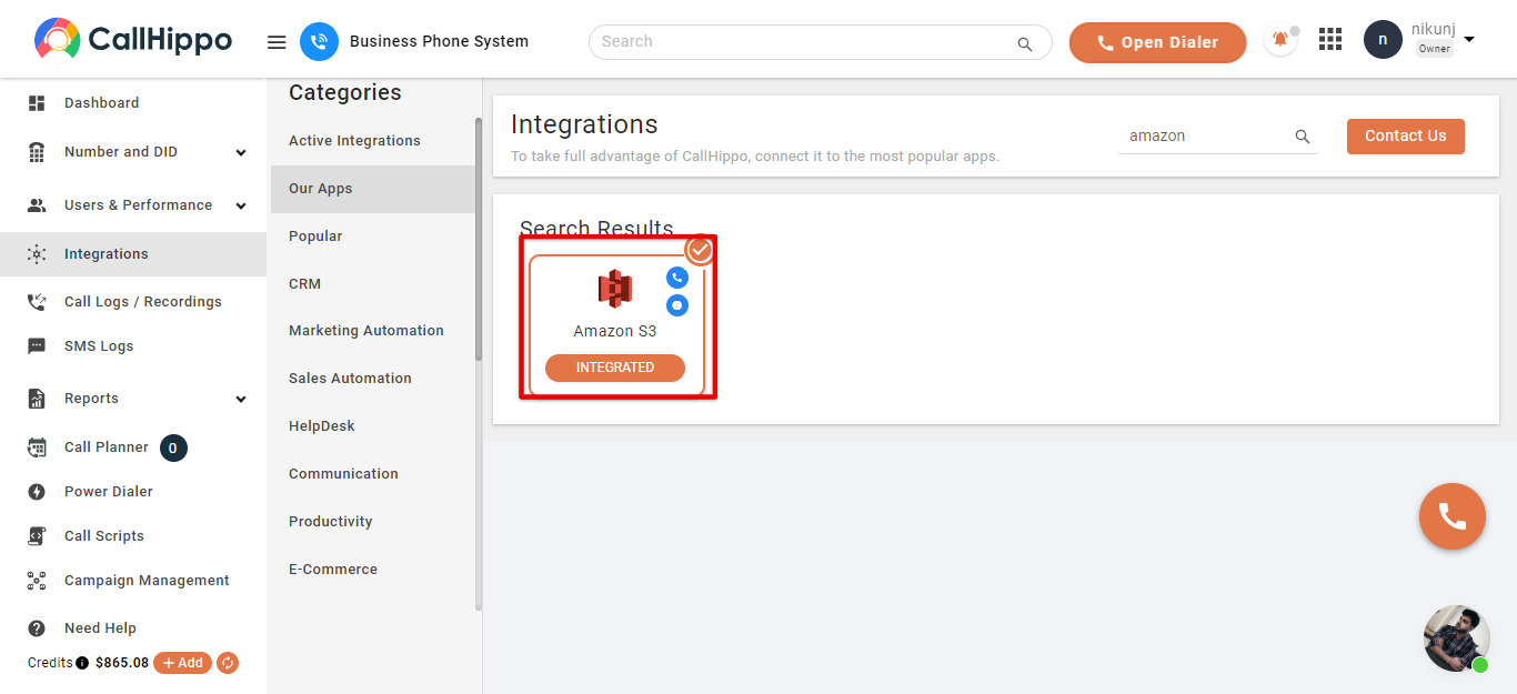 CallHippo Integrations showing Amazon S3 marked as Integrated