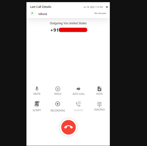 CallHippo dialer showing an in-progress call with the recording option